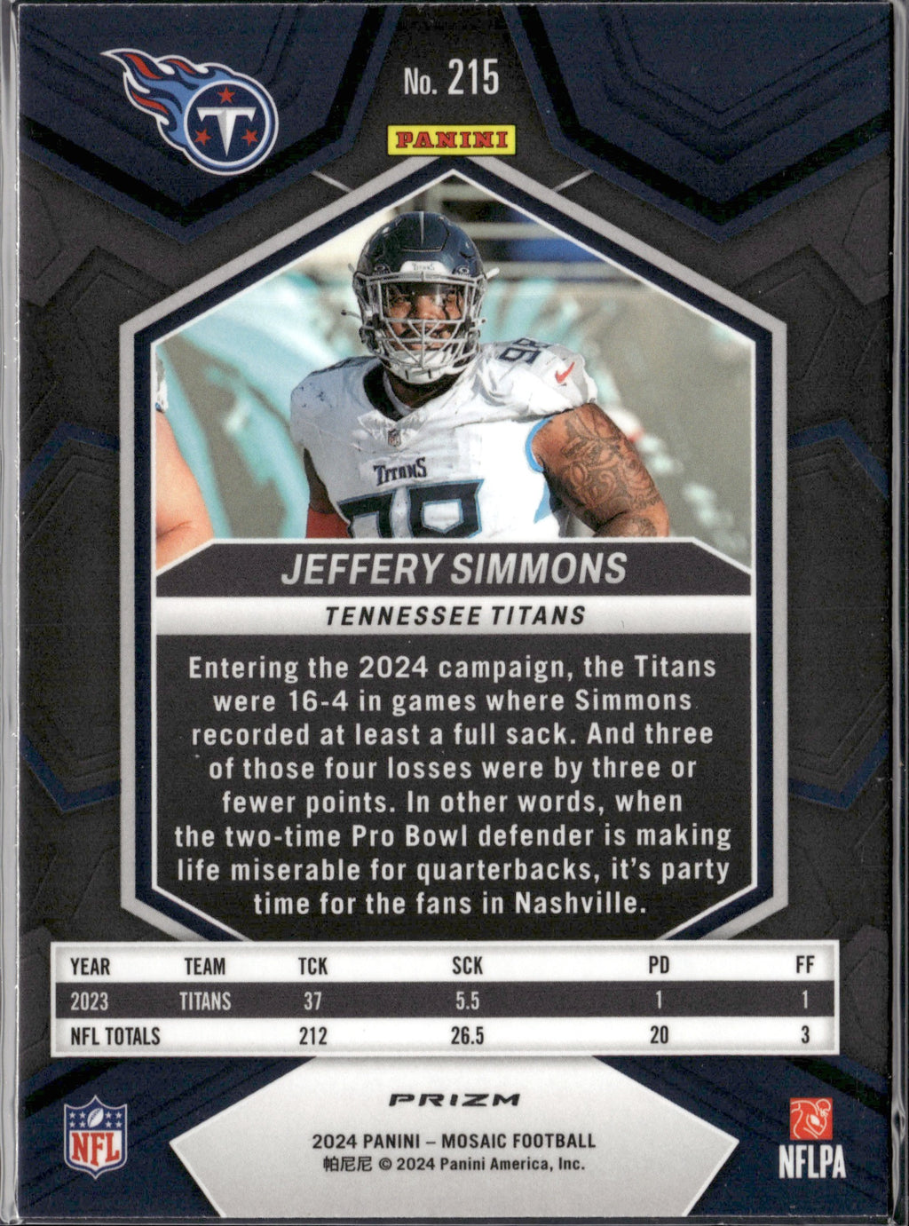 Jeffery Simmons #215 Mosaic Green 2024 Panini Mosaic Tennessee Titans