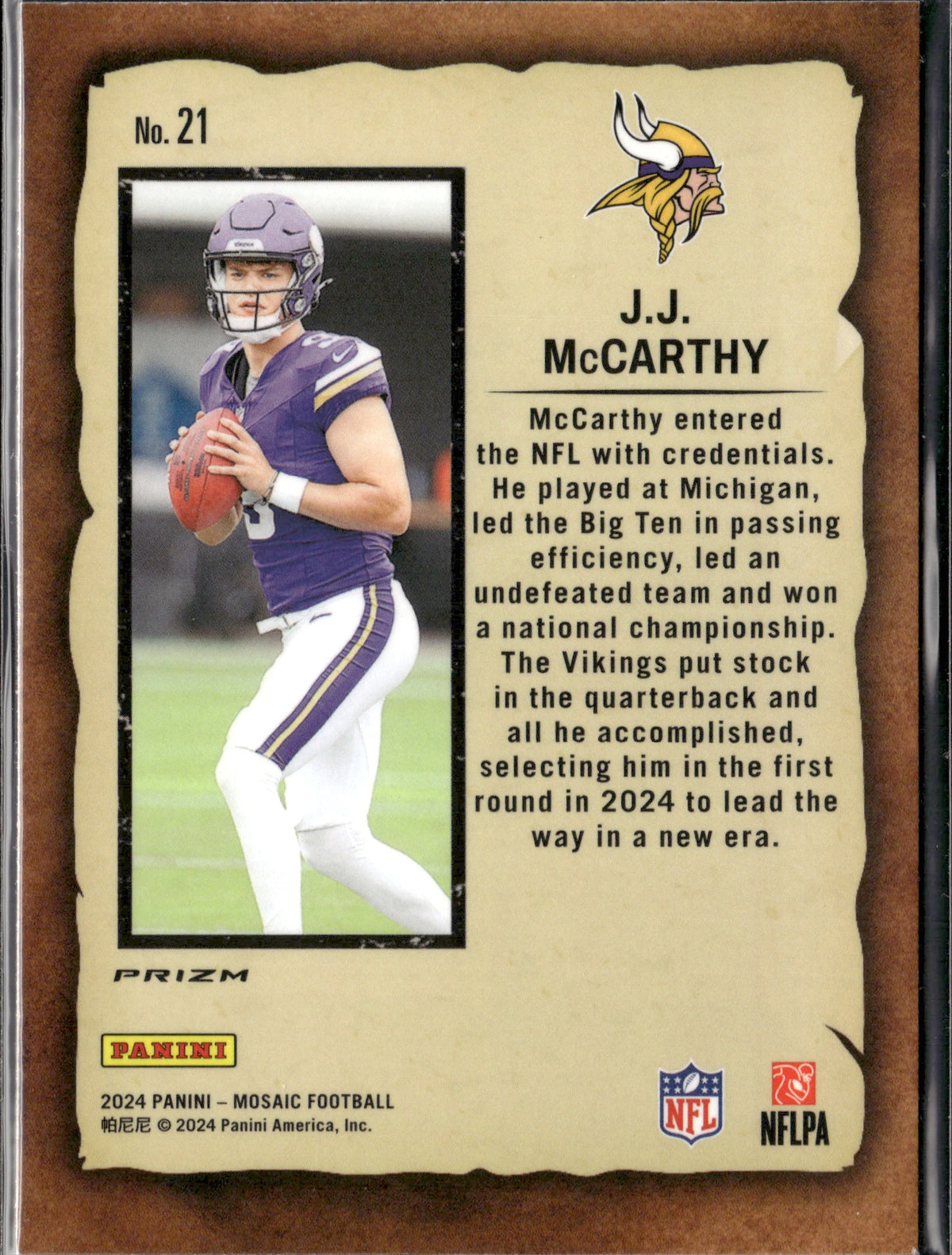 J.J. McCarthy #21 Notoriety Mosaic Green 2024 Panini Mosaic Minnesota Vikings