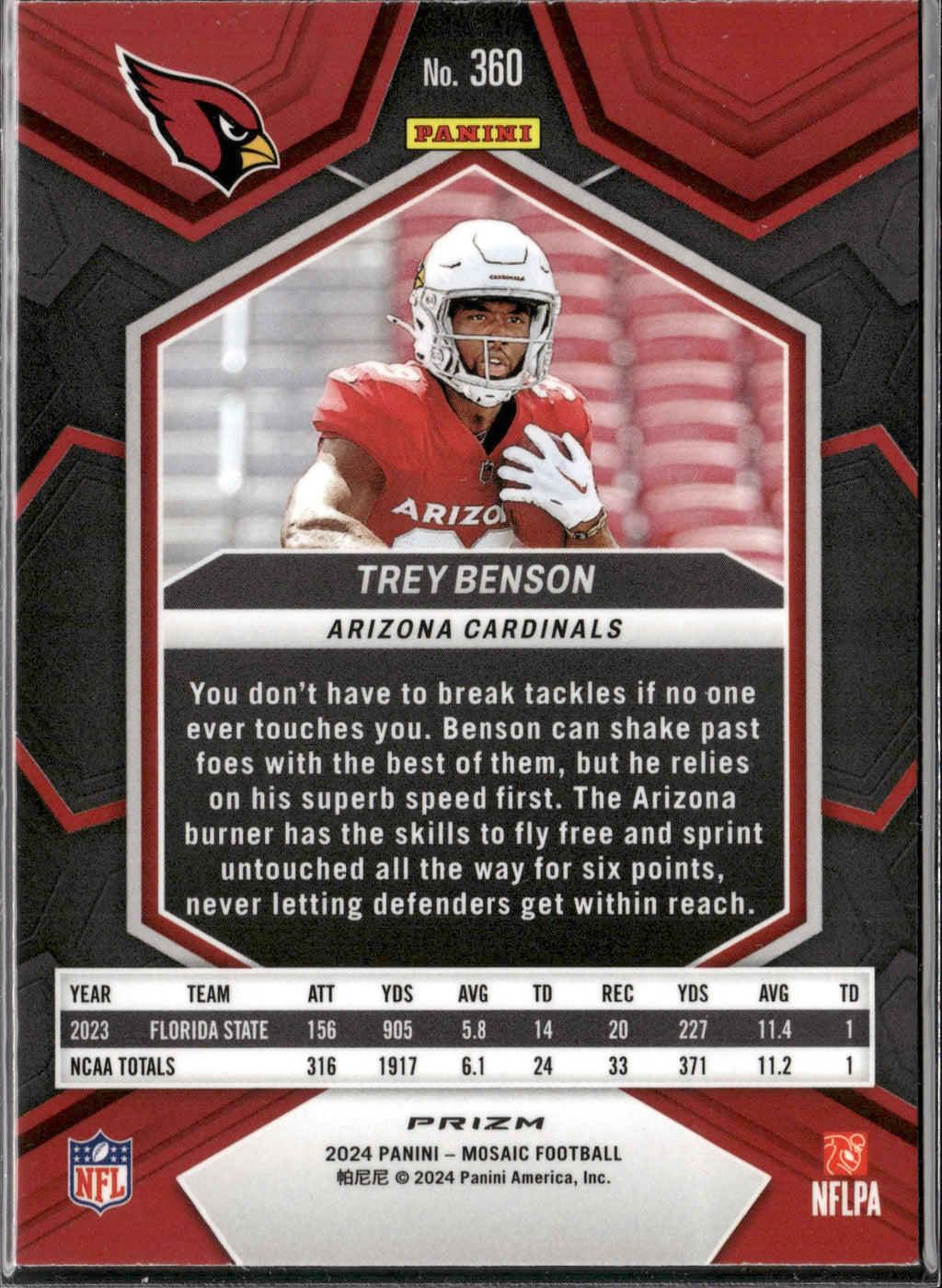 Trey Benson #360 Silver 2024 Panini Mosaic Arizona Cardinals