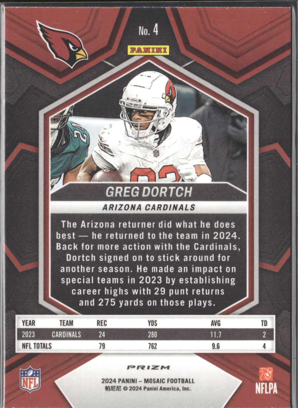 Greg Dortch #4 Mosaic 2024 Panini Mosaic Arizona Cardinals