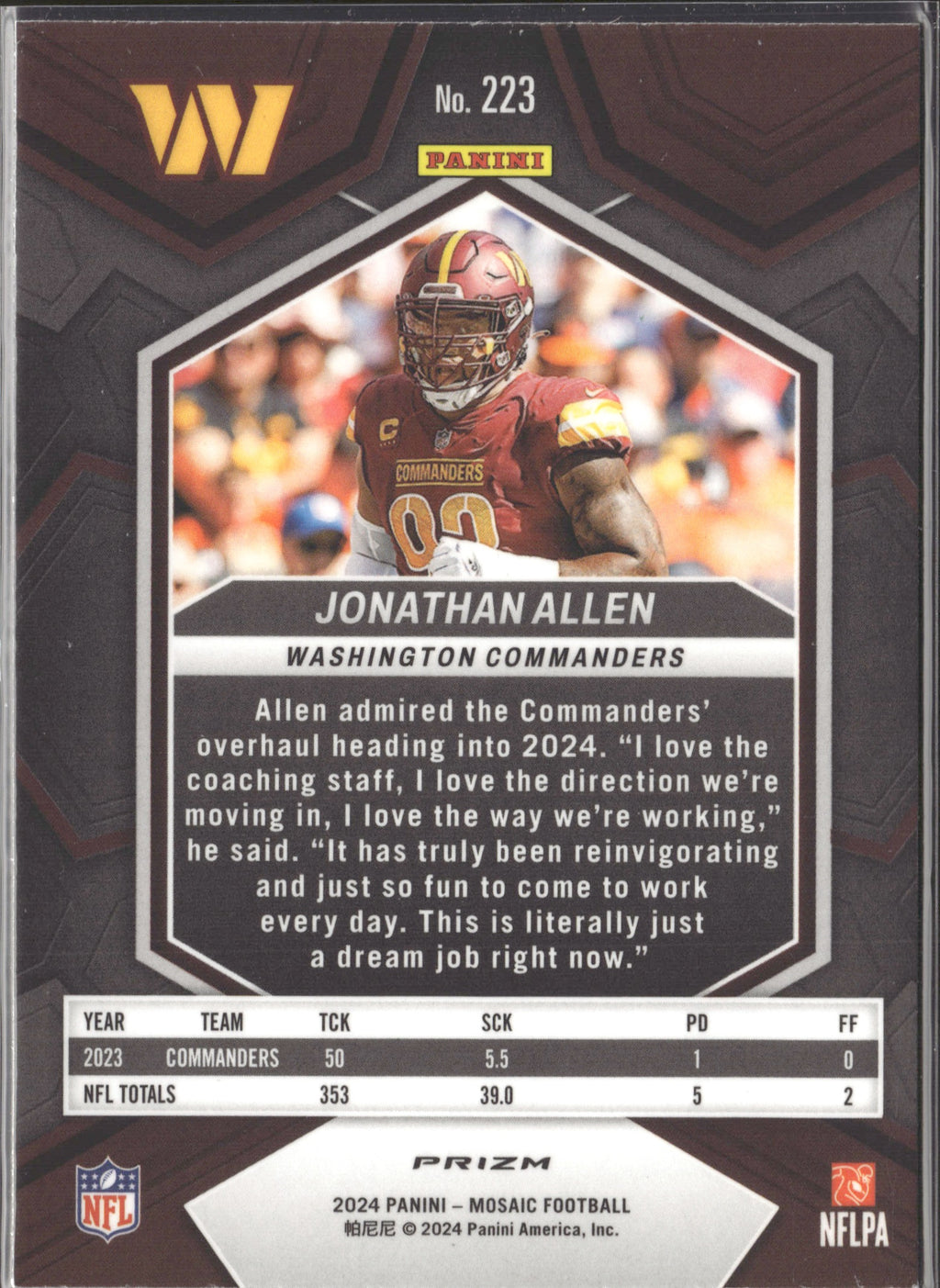 Jonathan Allen #223 Mosaic 2024 Panini Mosaic Washington Commanders