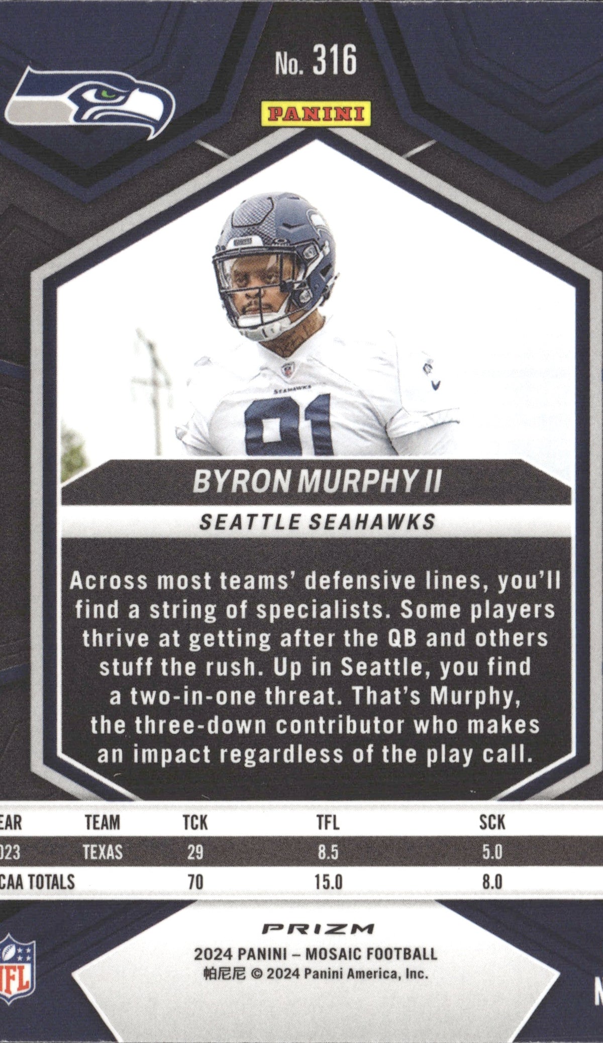 Byron Murphy II #316 Mosaic 2024 Panini Mosaic Seattle Seahawks