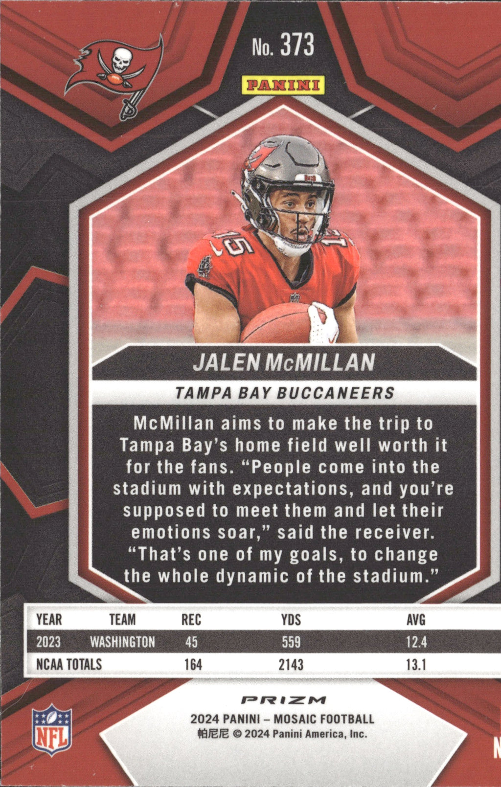 Jalen McMillan #373 Mosaic 2024 Panini Mosaic Tampa Bay Buccaneers