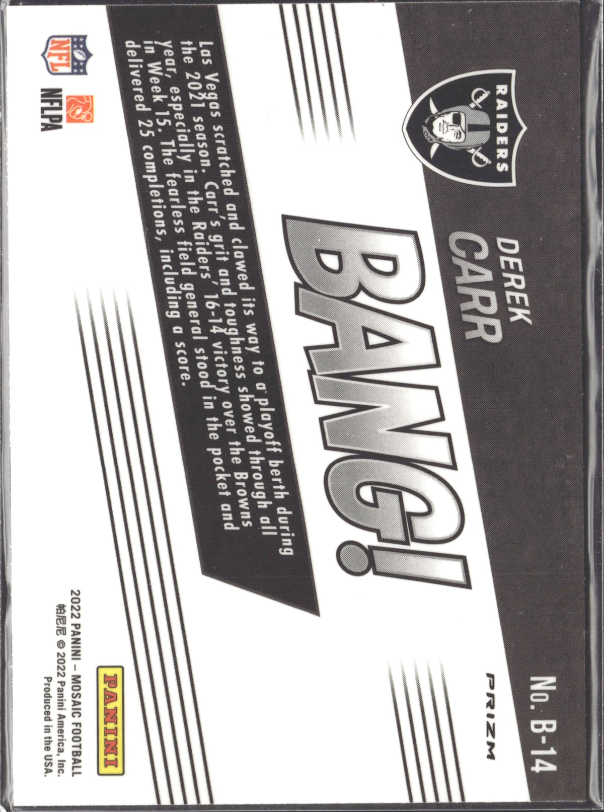 Derek Carr #B-14 Bang! Mosaic 2022 Panini Mosaic Las Vegas Raiders