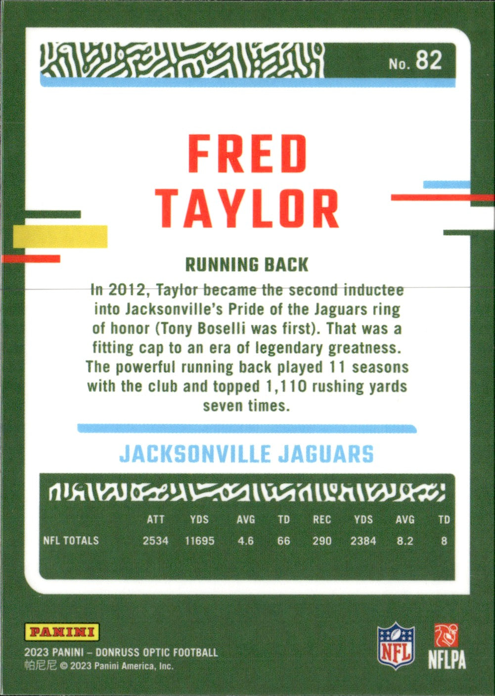 Fred Taylor #82 2023 Donruss Optic Jacksonville Jaguars