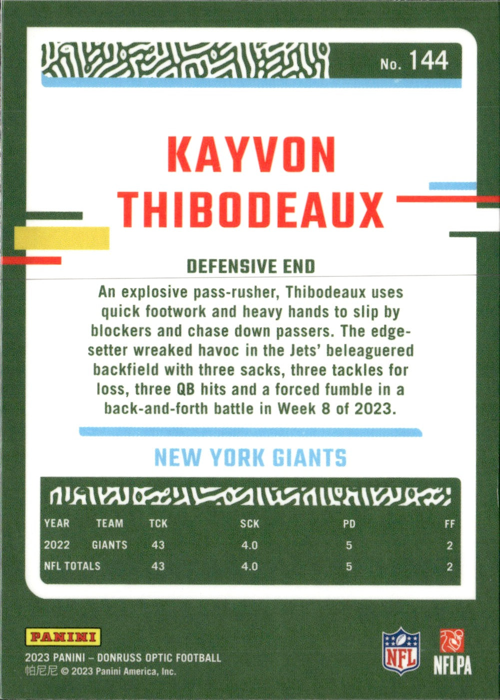Kayvon Thibodeaux #144 2023 Donruss Optic New York Giants