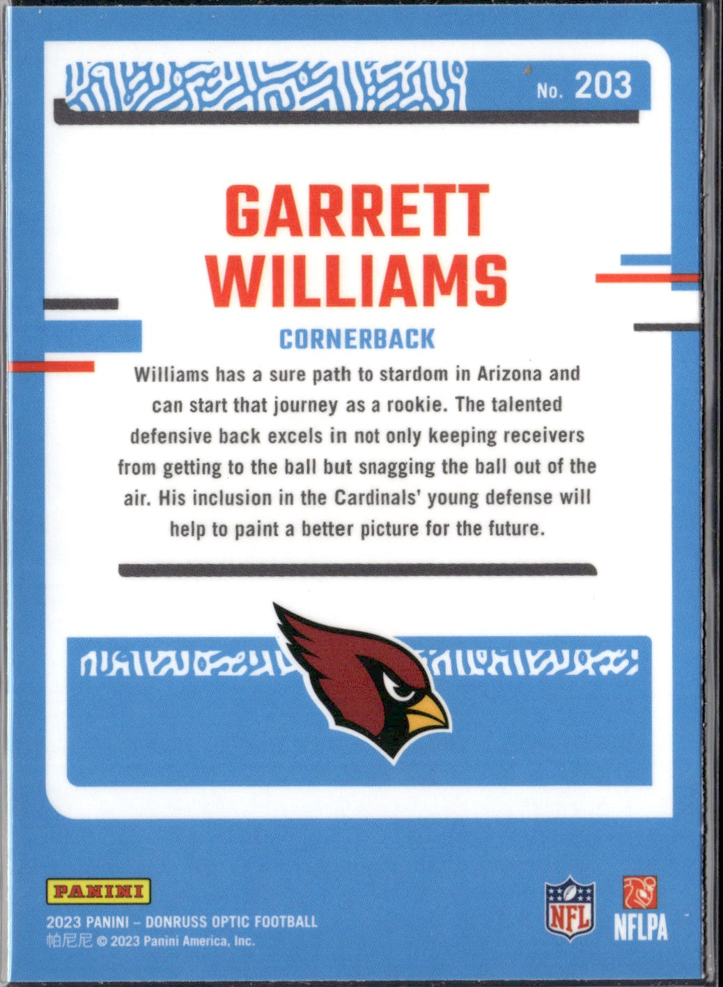 Garrett Williams #203 2023 Donruss Optic Arizona Cardinals RC