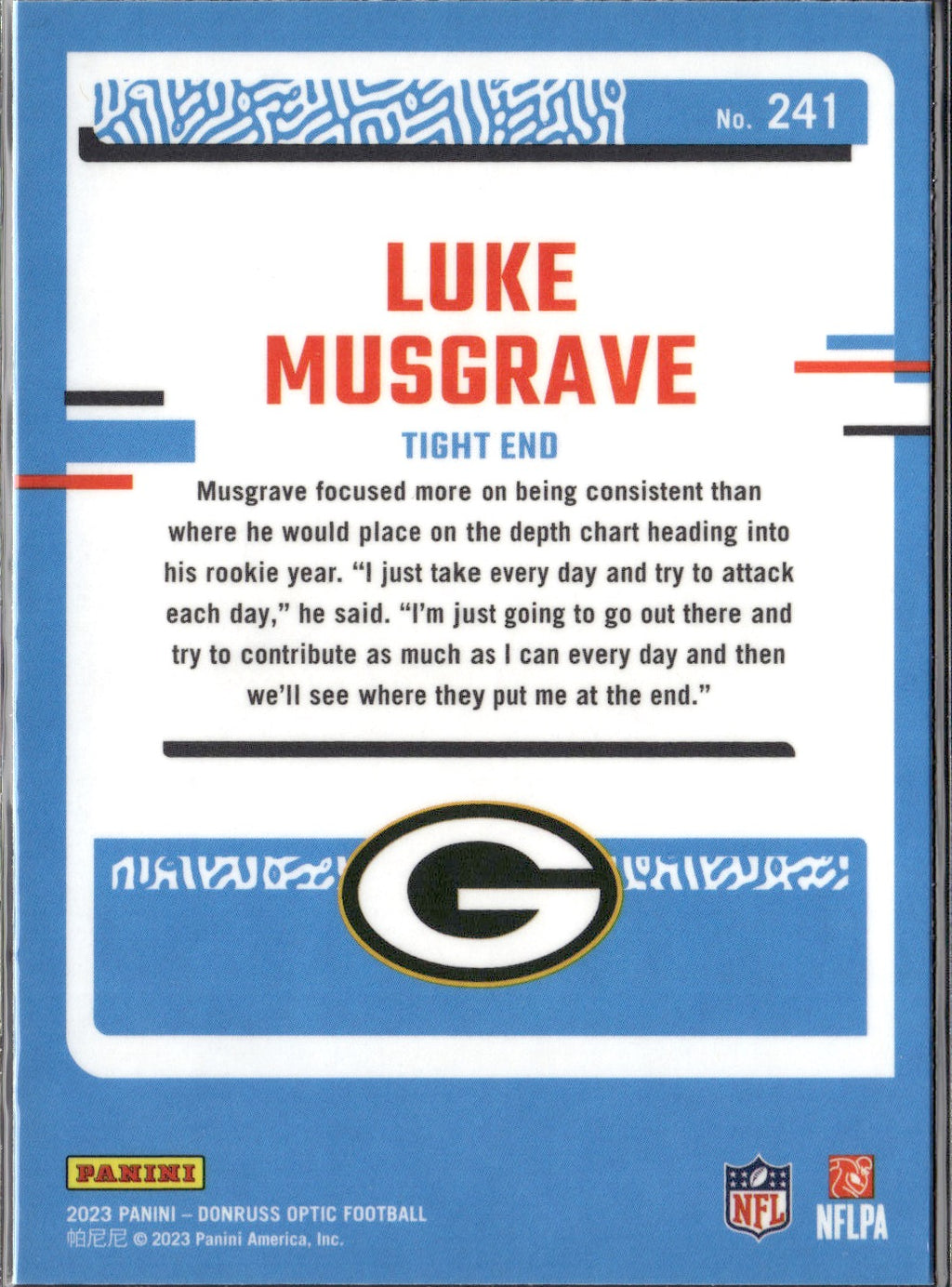 Luke Musgrave #241 2023 Donruss Optic Green Bay Packers RC