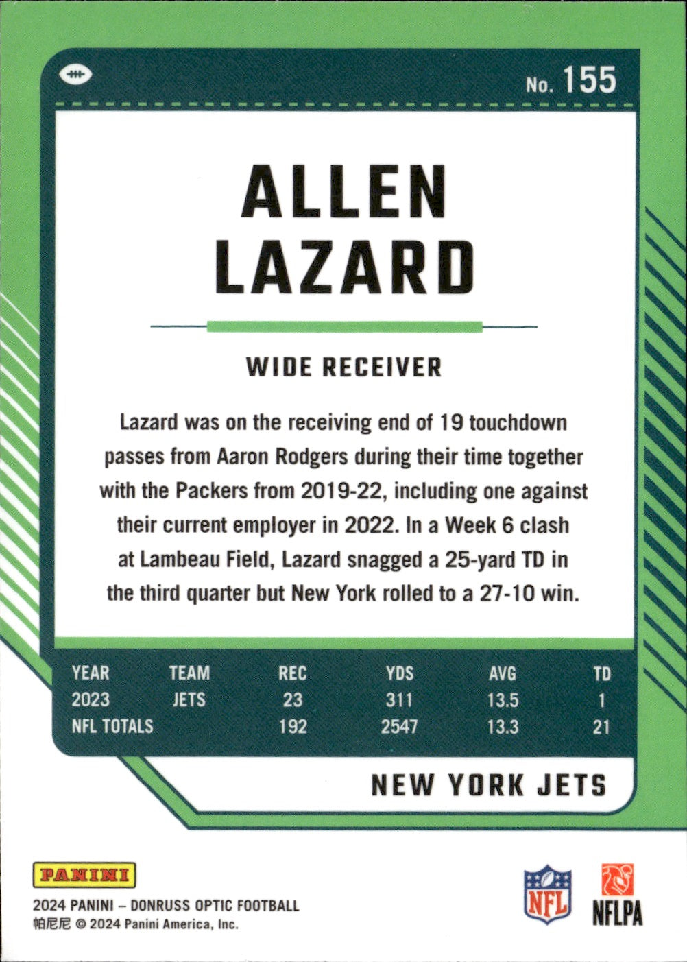 Allen Lazard #155 2024 Donruss Optic New York Jets