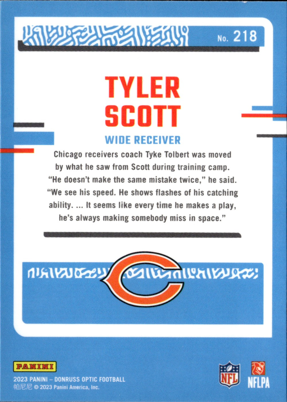 Tyler Scott #218 2023 Donruss Optic Chicago Bears RC