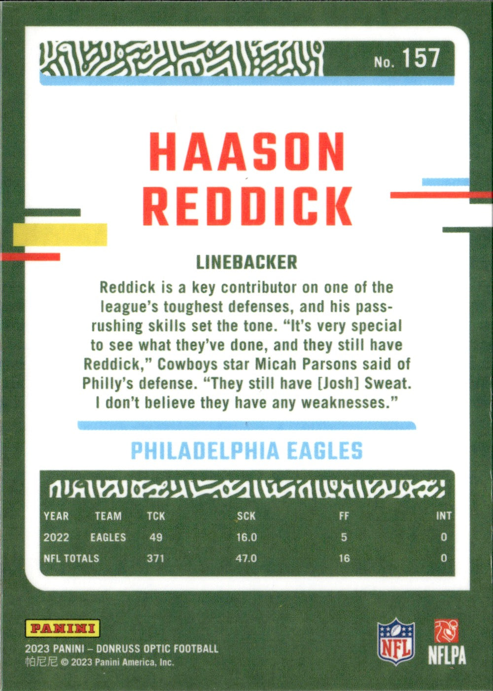 Haason Reddick #157 2023 Donruss Optic Philadelphia Eagles