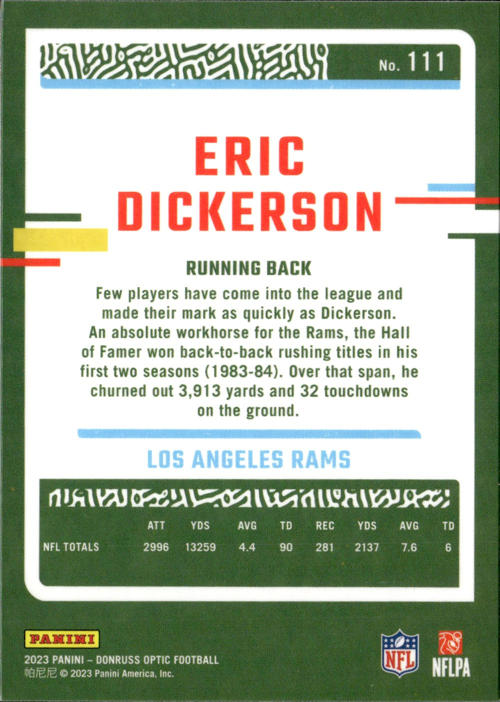 Eric Dickerson #111 2023 Donruss Optic Los Angeles Rams