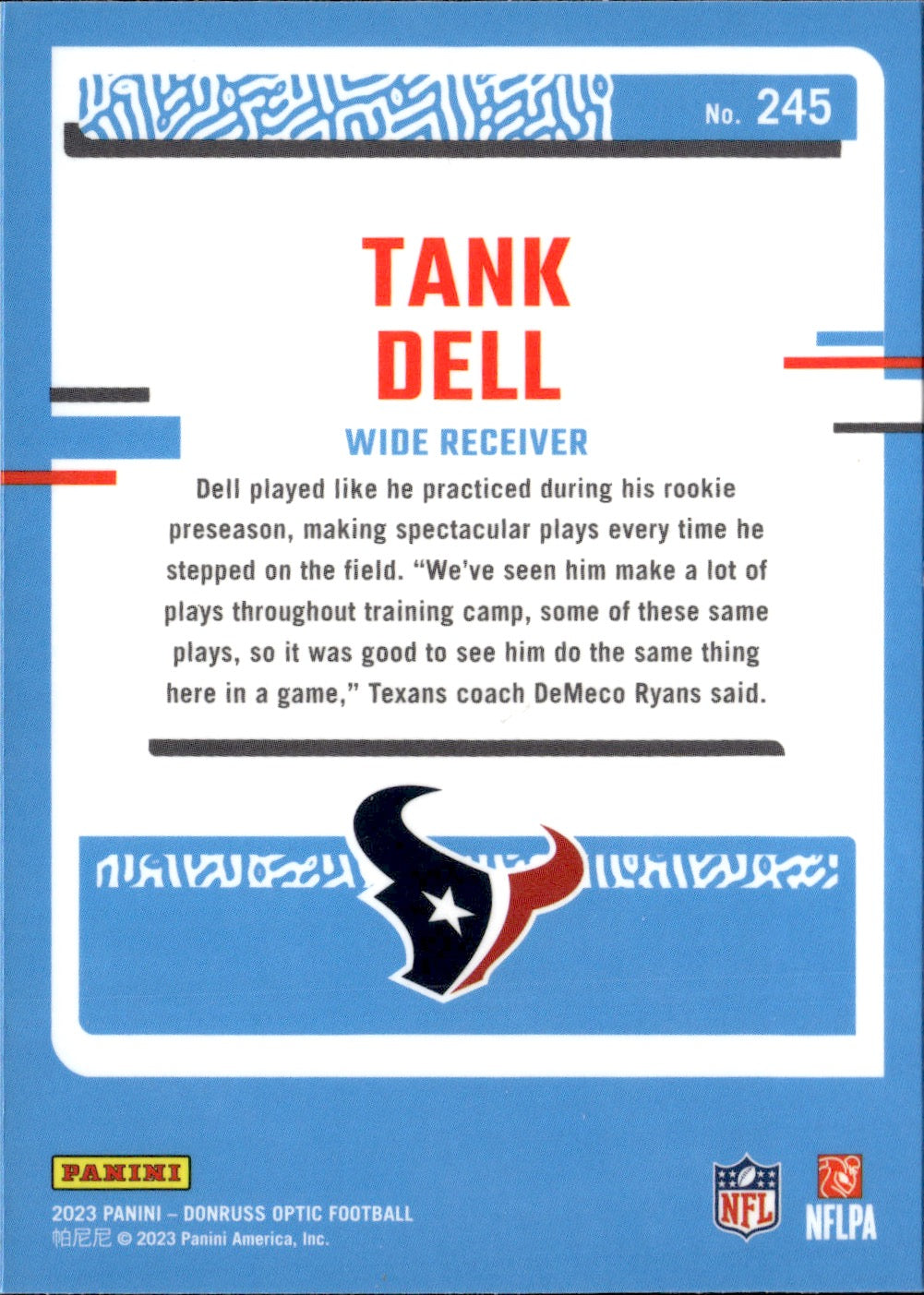 Tank Dell #245 2023 Donruss Optic Houston Texans RC