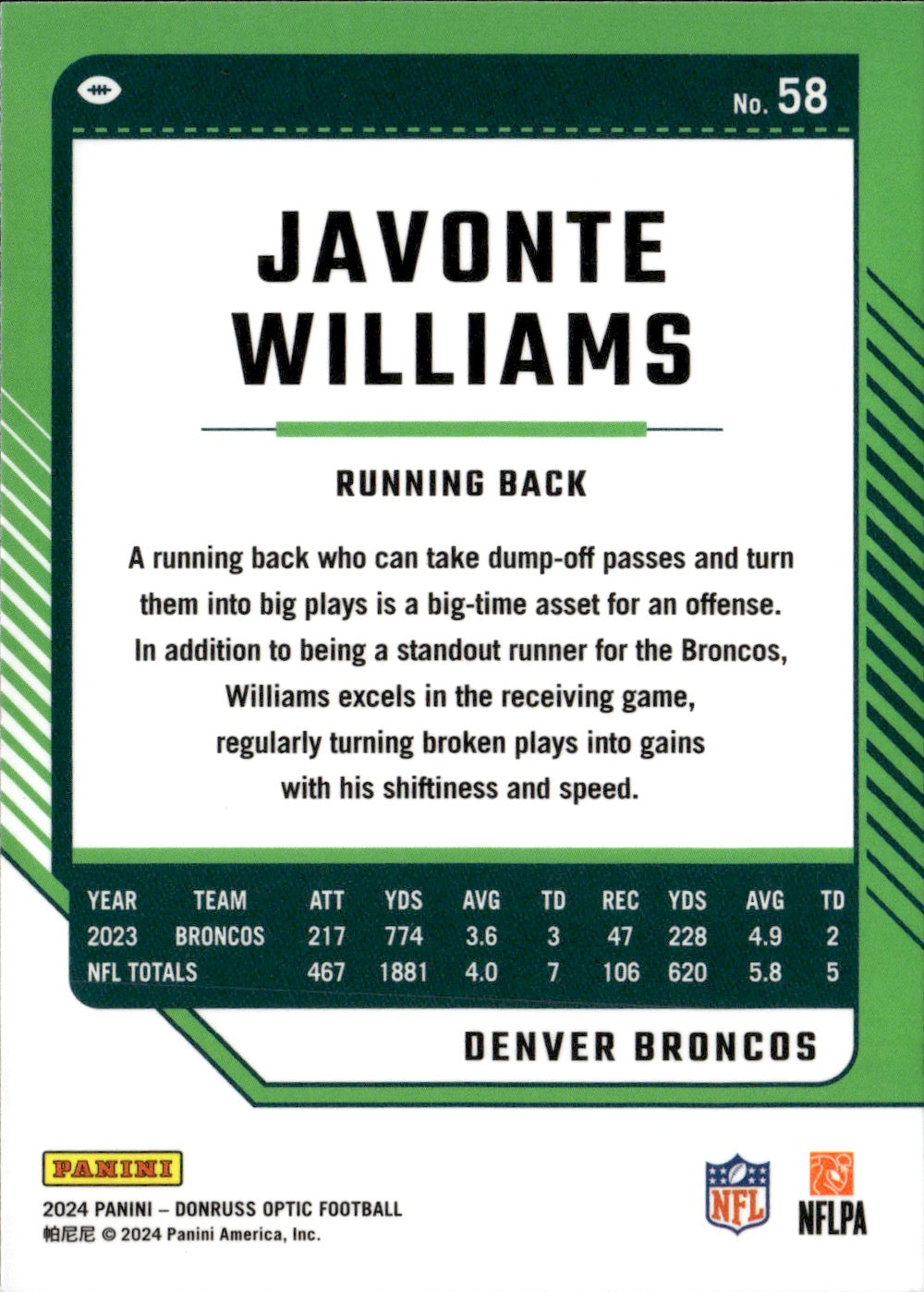Javonte Williams #58 2024 Donruss Optic Denver Broncos