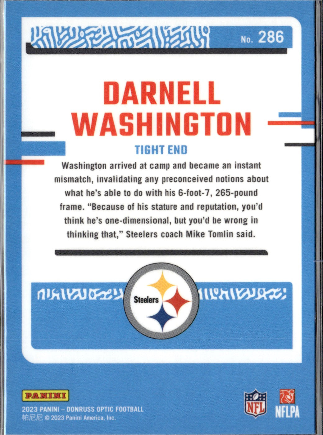 Darnell Washington #286 2023 Donruss Optic Pittsburgh Steelers RC