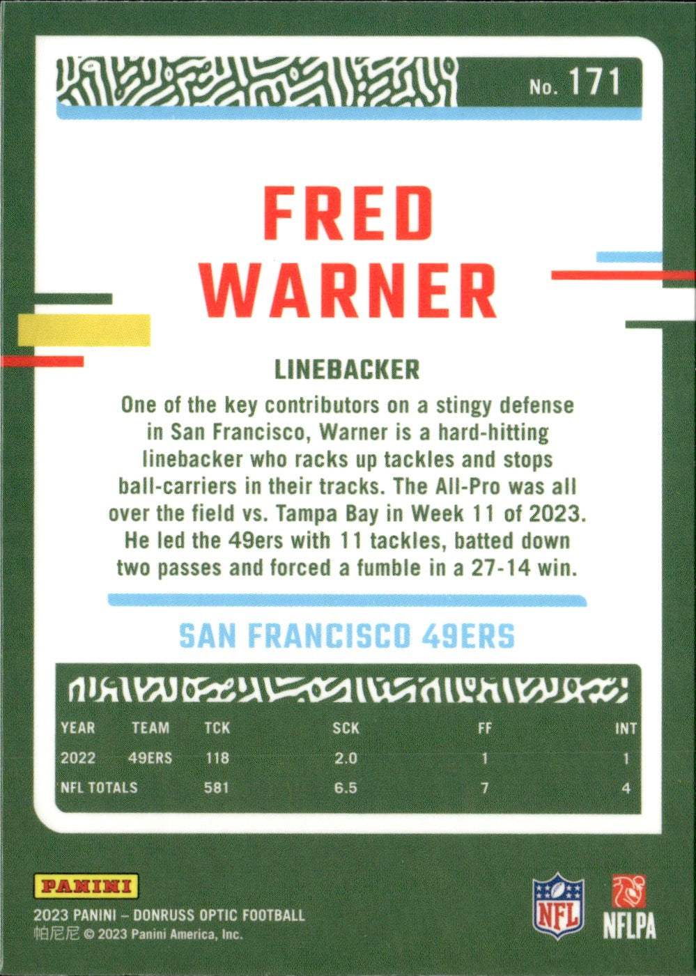 Fred Warner #171 2023 Donruss Optic San Francisco 49ers