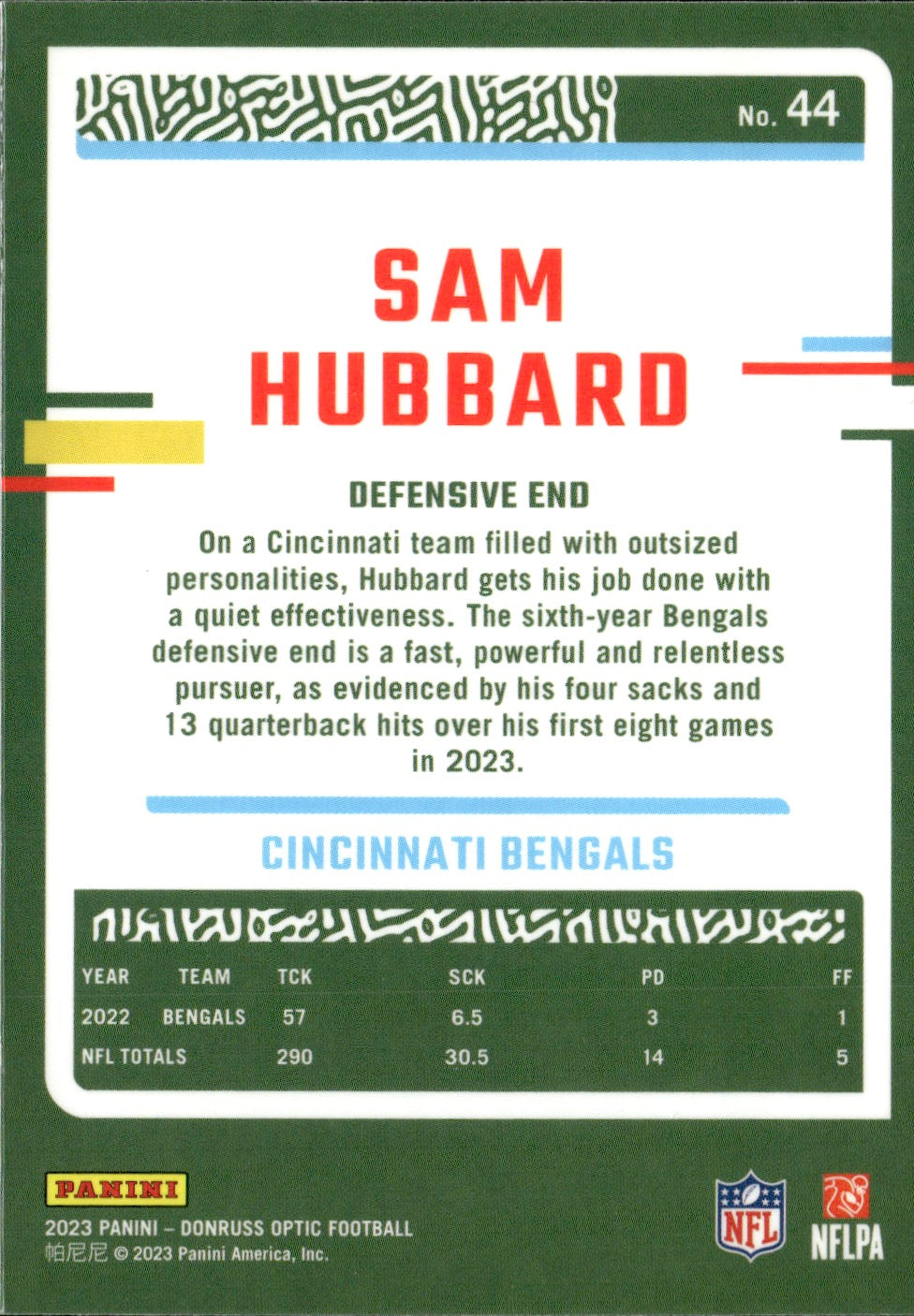 Sam Hubbard #44 2023 Donruss Optic Cincinnati Bengals