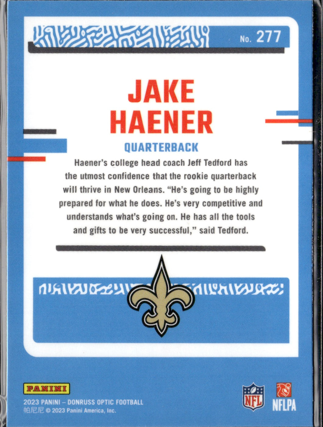 Jake Haener #277 2023 Donruss Optic New Orleans Saints RC