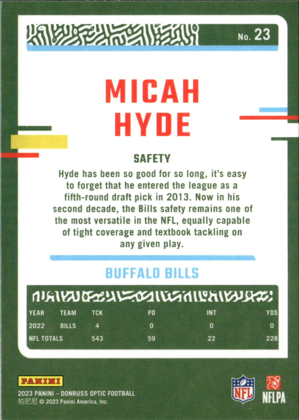 Micah Hyde #23 2023 Donruss Optic Buffalo Bills