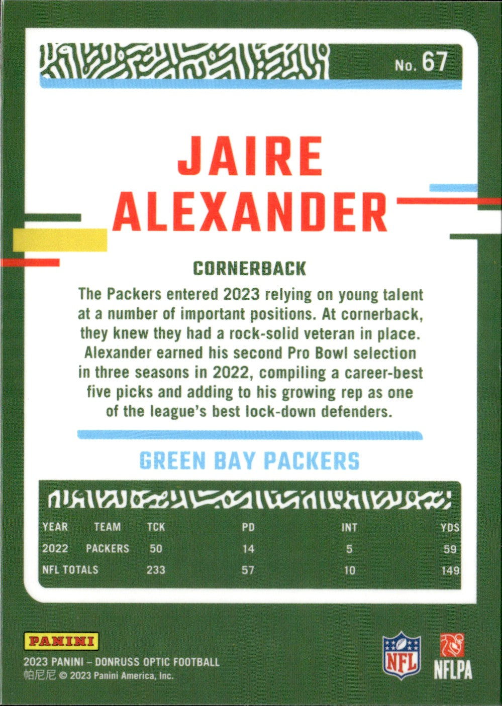 Jaire Alexander #67 2023 Donruss Optic Green Bay Packers