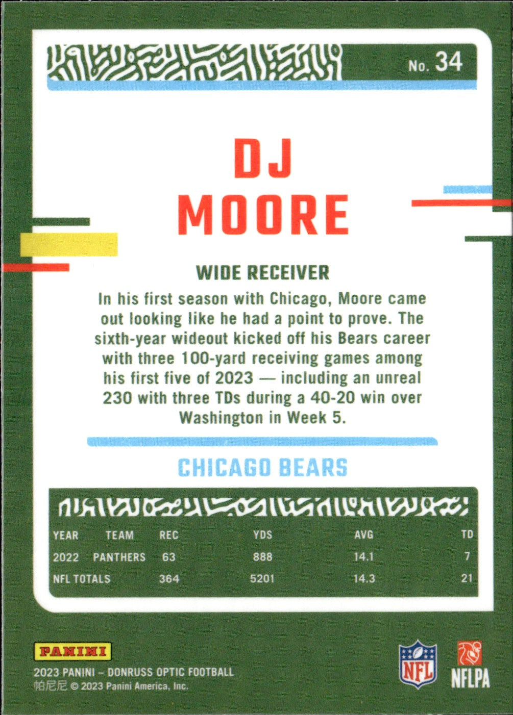 DJ Moore #34 2023 Donruss Optic Chicago Bears