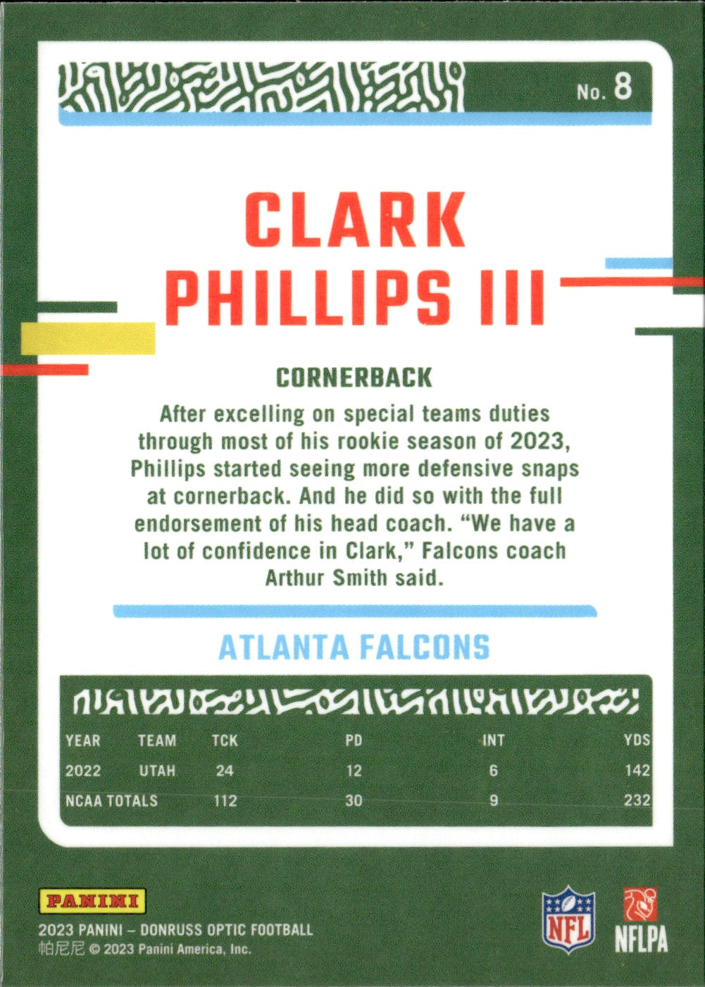 Clark Phillips III #8 2023 Donruss Optic Atlanta Falcons