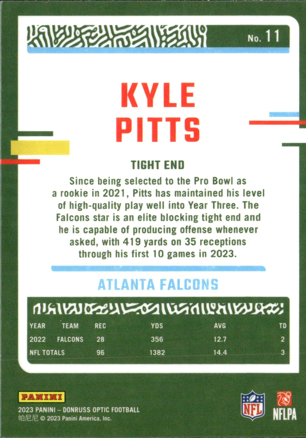 Kyle Pitts #11 2023 Donruss Optic Atlanta Falcons