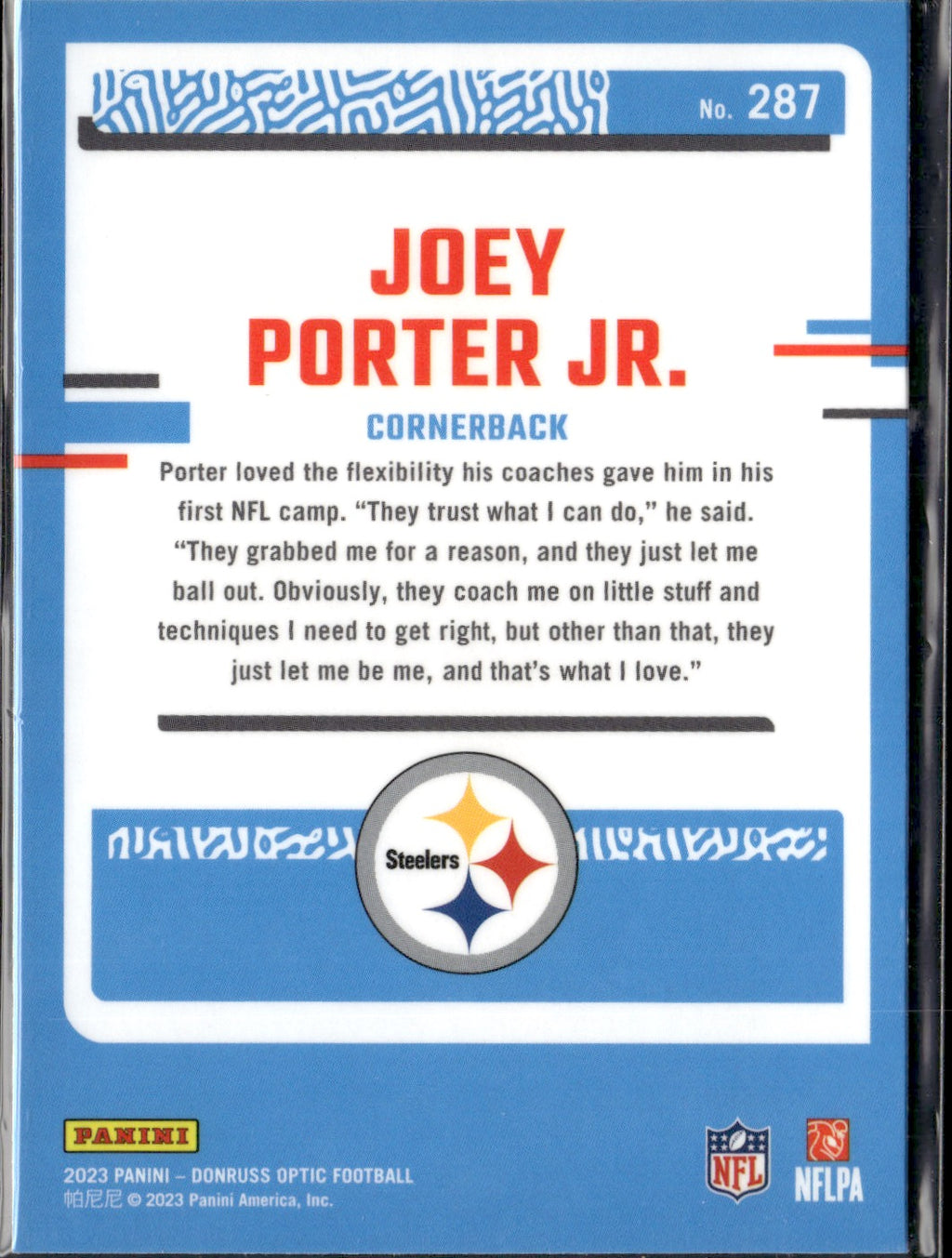 Joey Porter Jr. #287 2023 Donruss Optic Pittsburgh Steelers RC