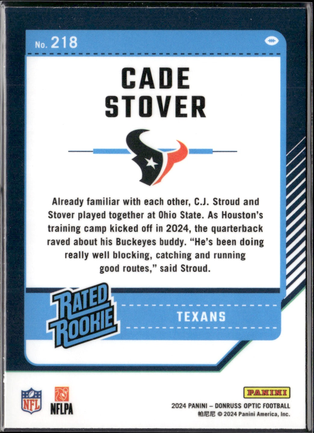 Cade Stover #218 2024 Donruss Optic Houston Texans RC