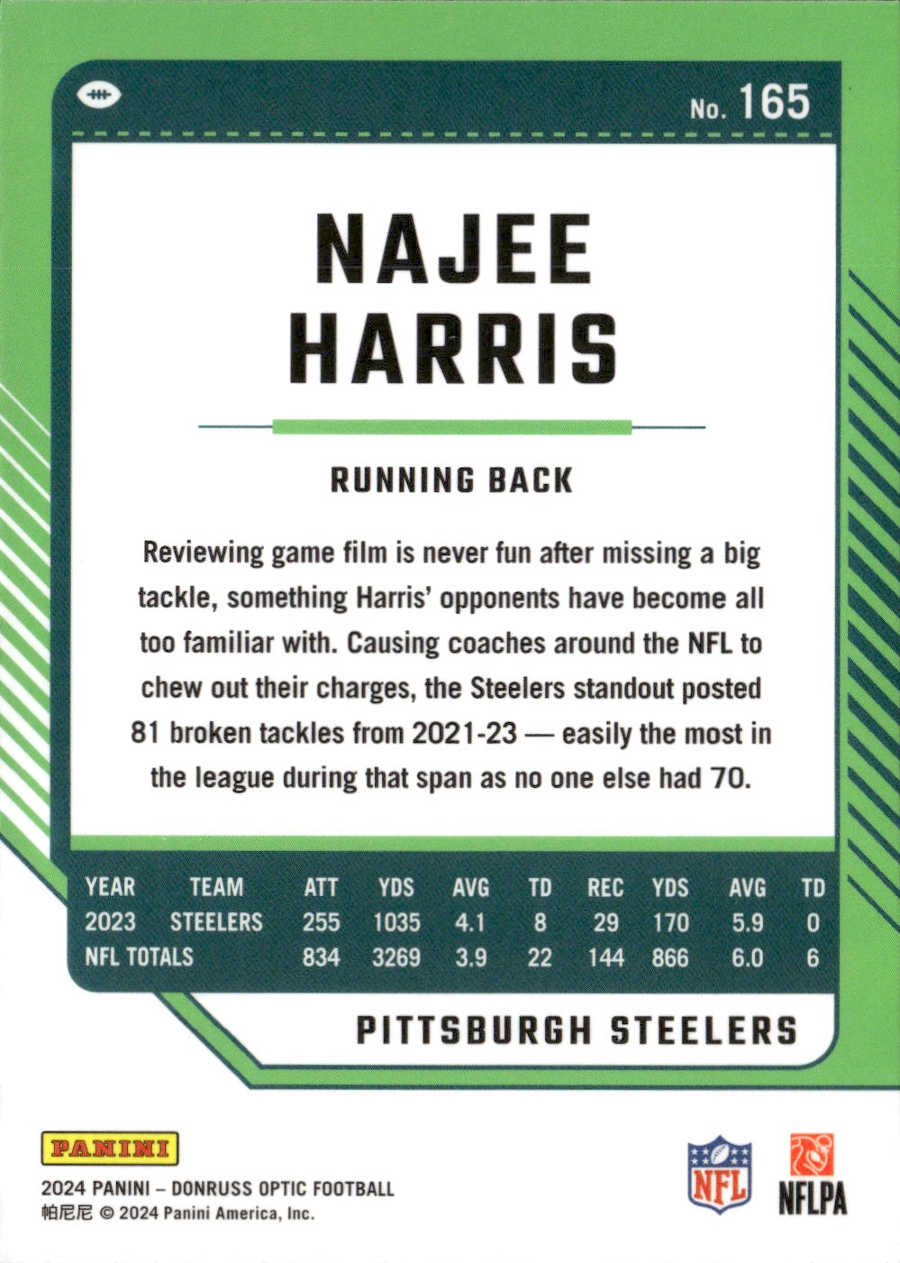 Najee Harris #165 2024 Donruss Optic Pittsburgh Steelers