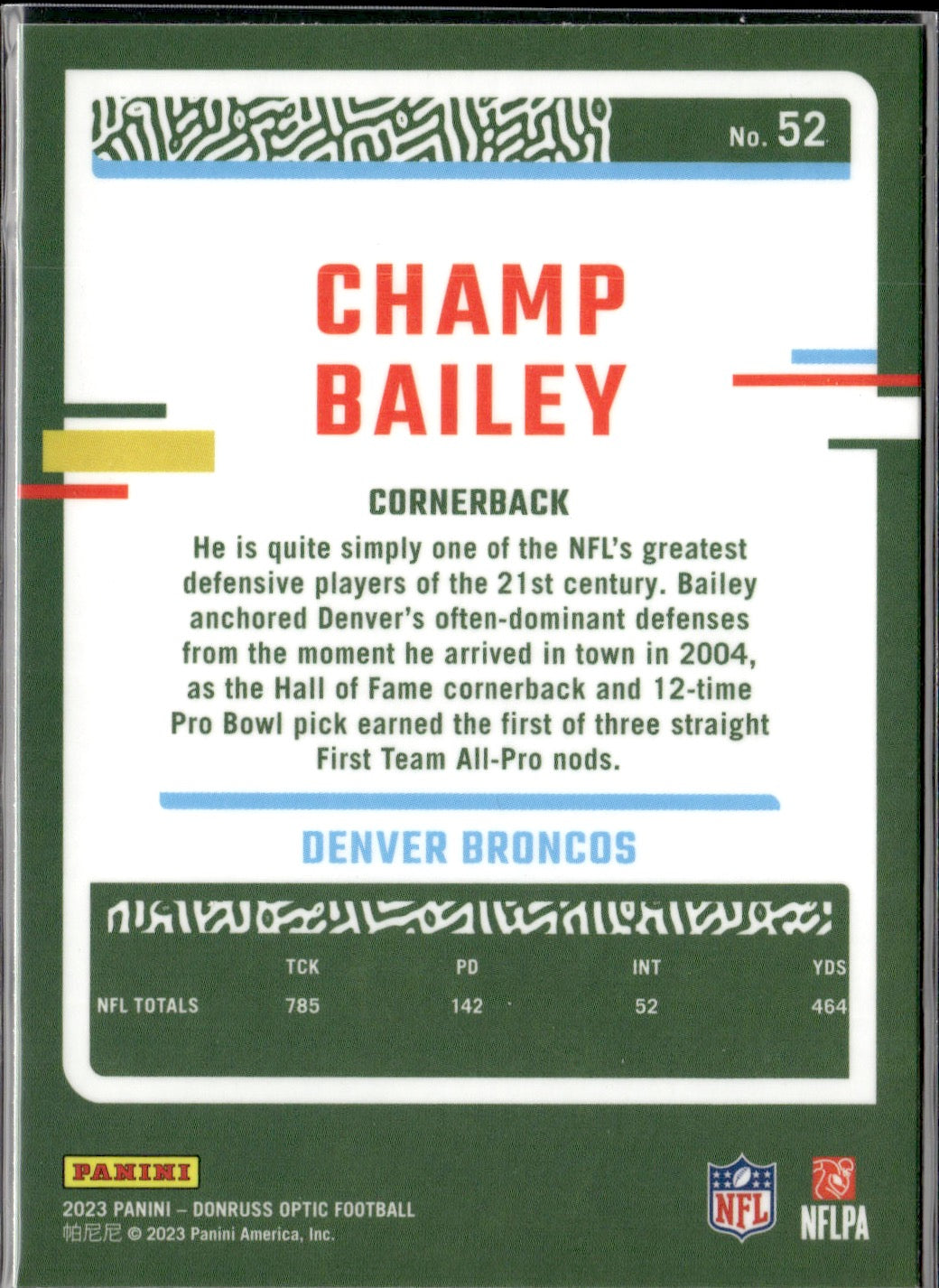 Champ Bailey #52 2023 Donruss Optic Denver Broncos