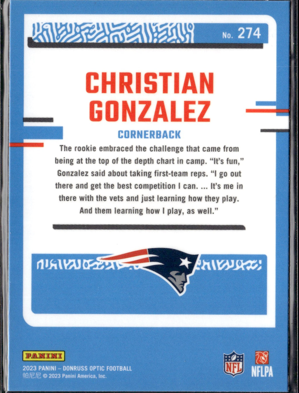 Christian Gonzalez #274 2023 Donruss Optic New England Patriots RC