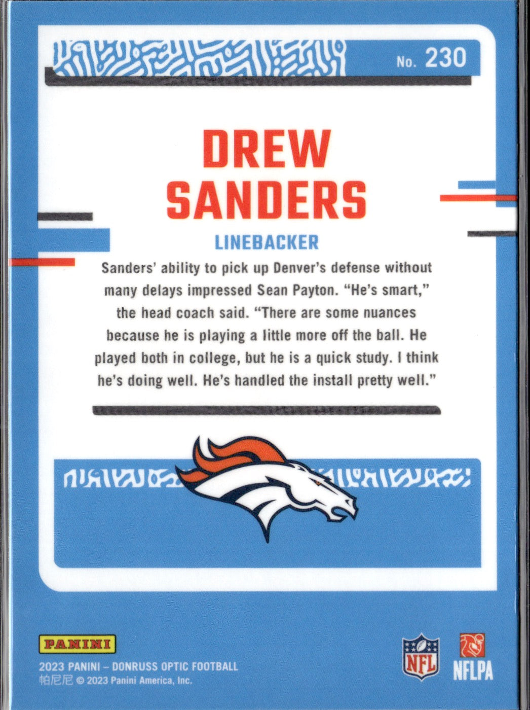 Drew Sanders #230 2023 Donruss Optic Denver Broncos RC