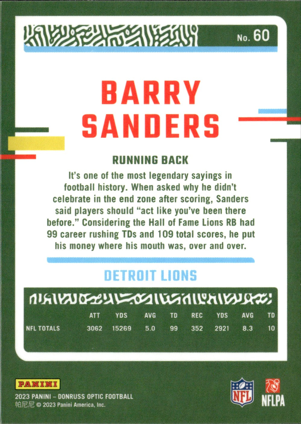 Barry Sanders #60 2023 Donruss Optic Detroit Lions