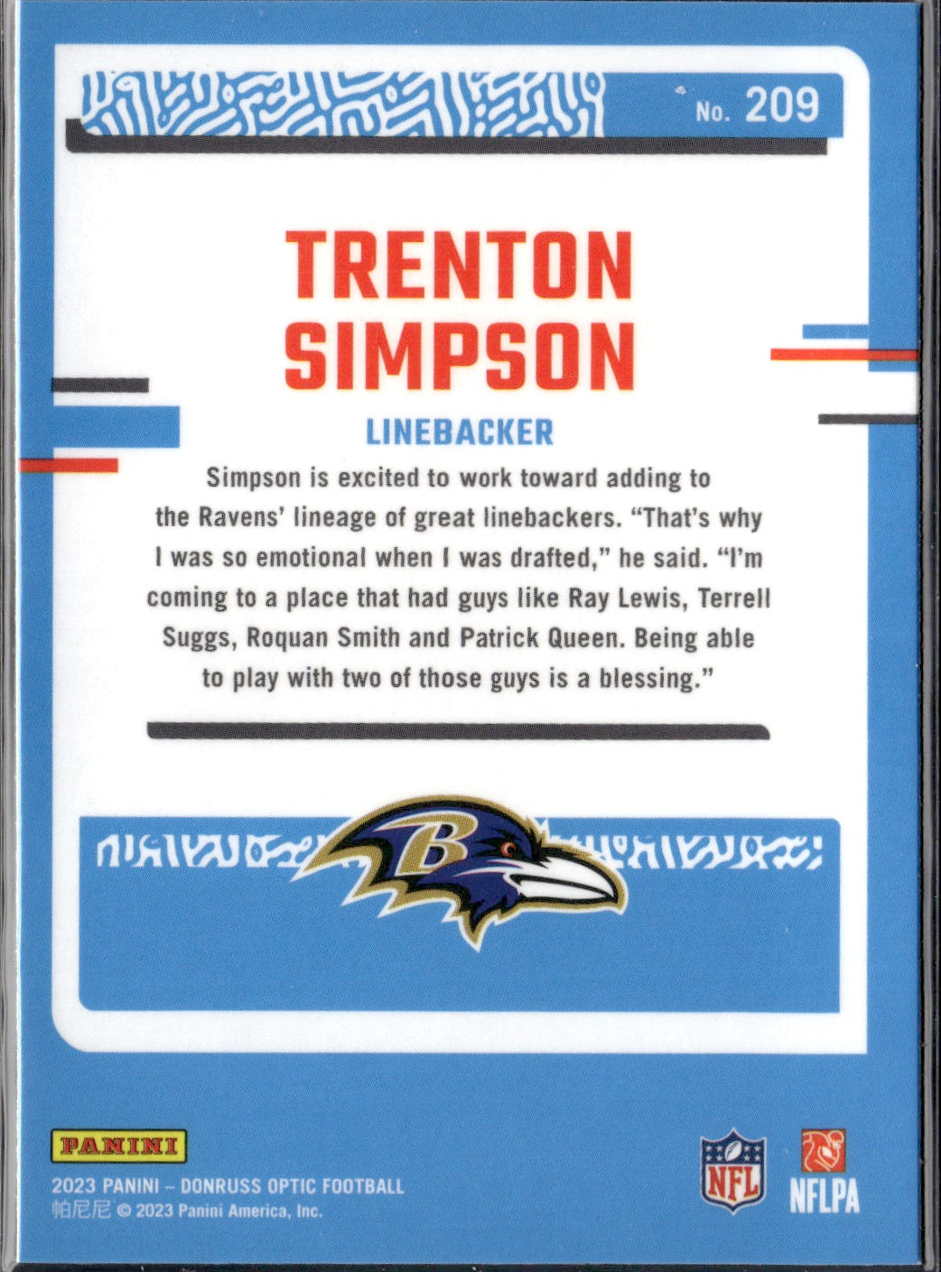 Trenton Simpson #209 2023 Donruss Optic Baltimore Ravens RC