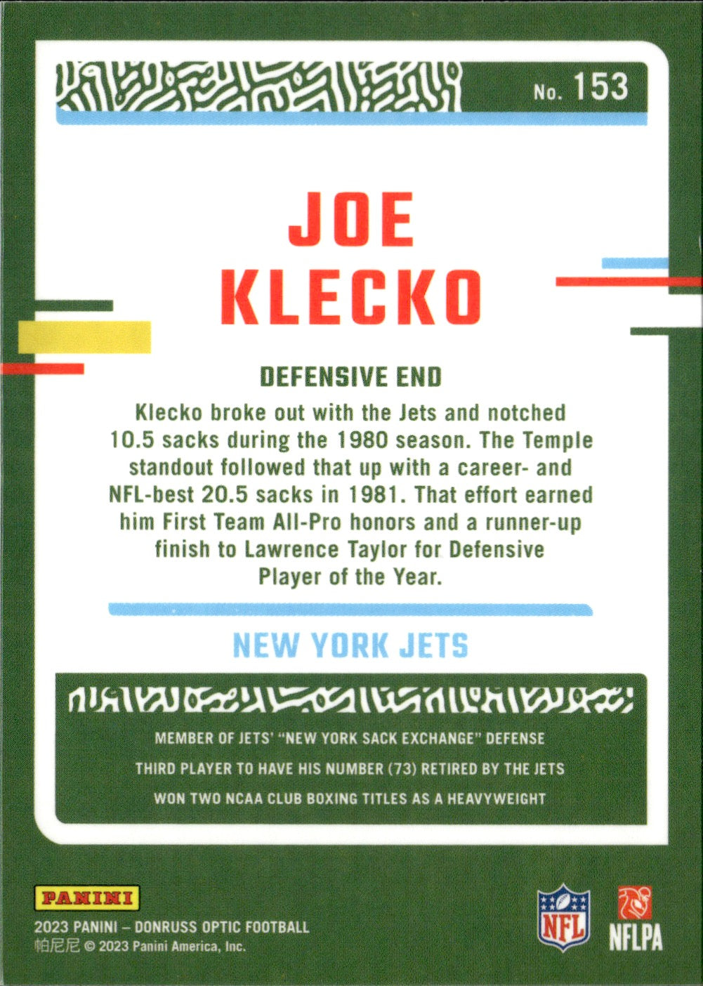 Joe Klecko #153 2023 Donruss Optic New York Jets