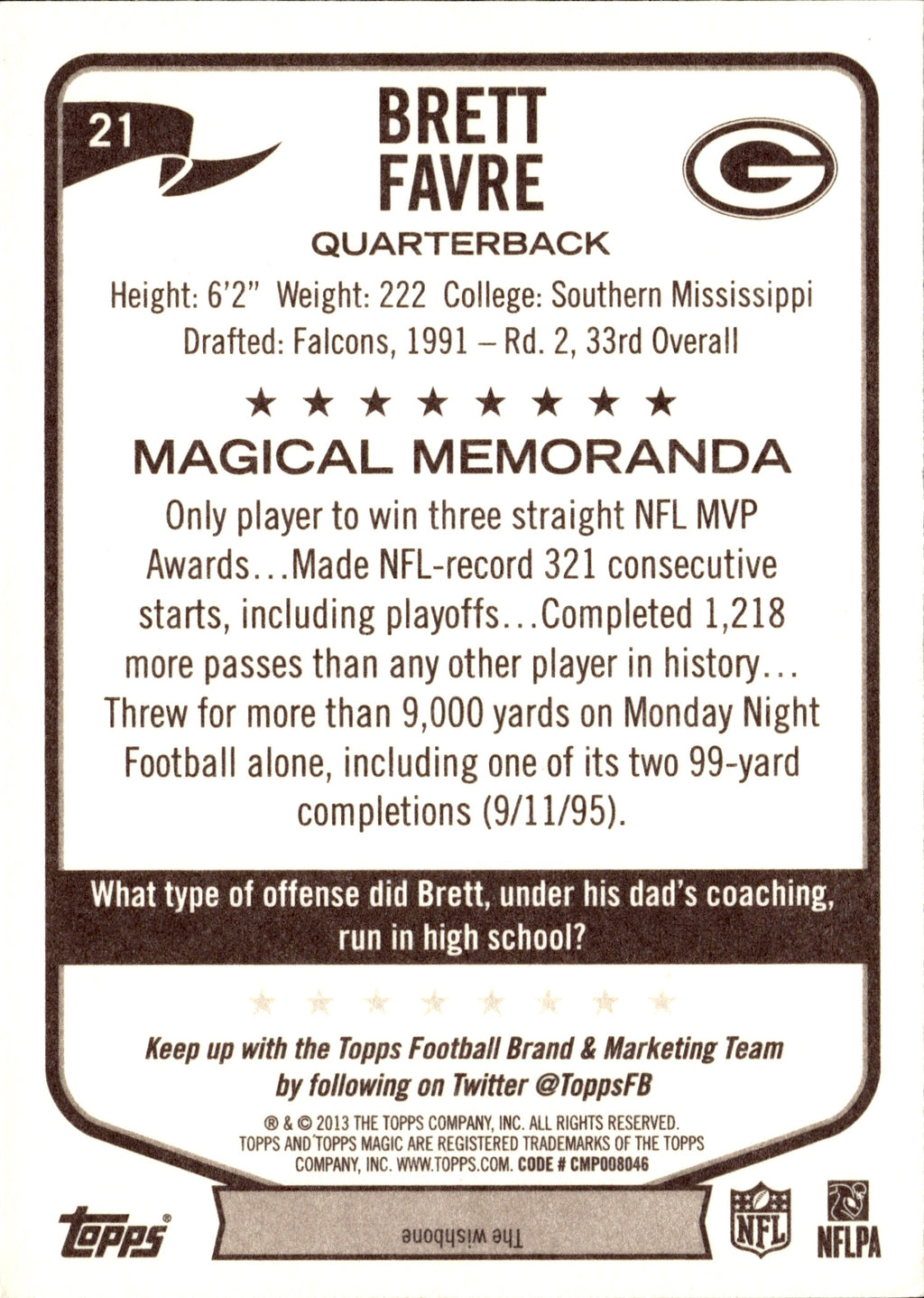 Brett Favre #21 2013 Topps Magic Green Bay Packers