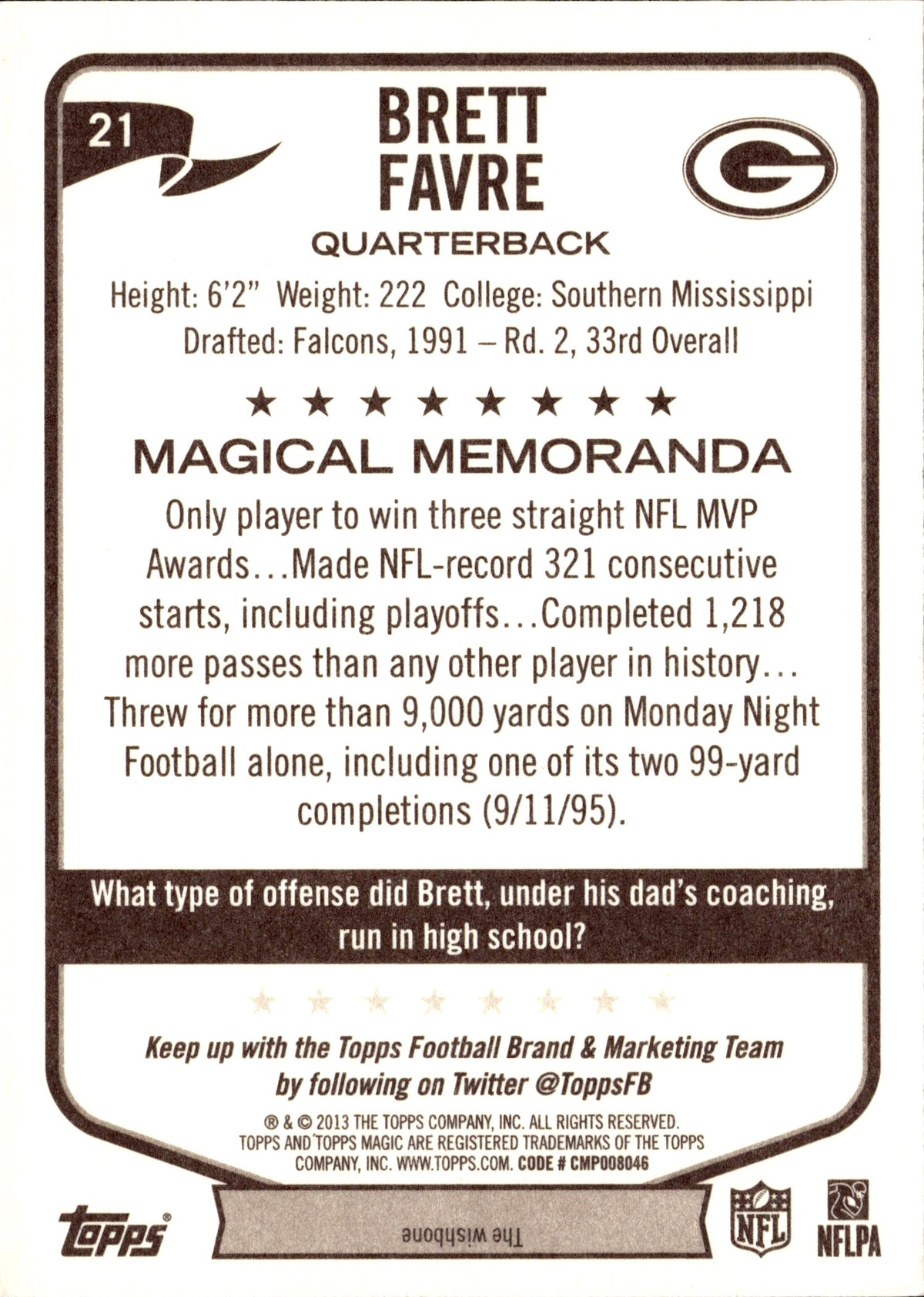 Brett Favre #21 2013 Topps Magic Green Bay Packers