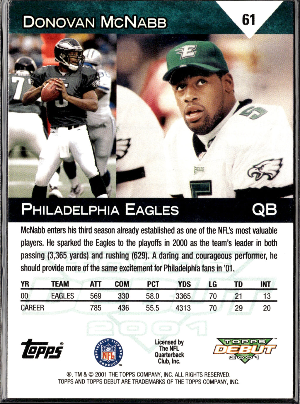 Donovan McNabb #61 2001 Topps Debut Philadelphia Eagles
