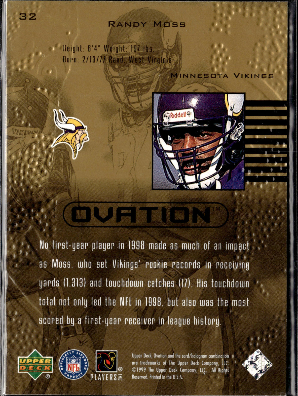Randy Moss #32 1999 Upper Deck Ovation Minnesota Vikings