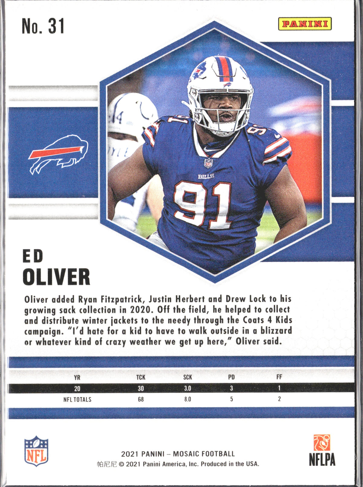 Ed Oliver #31 2021 Panini Mosaic Buffalo Bills