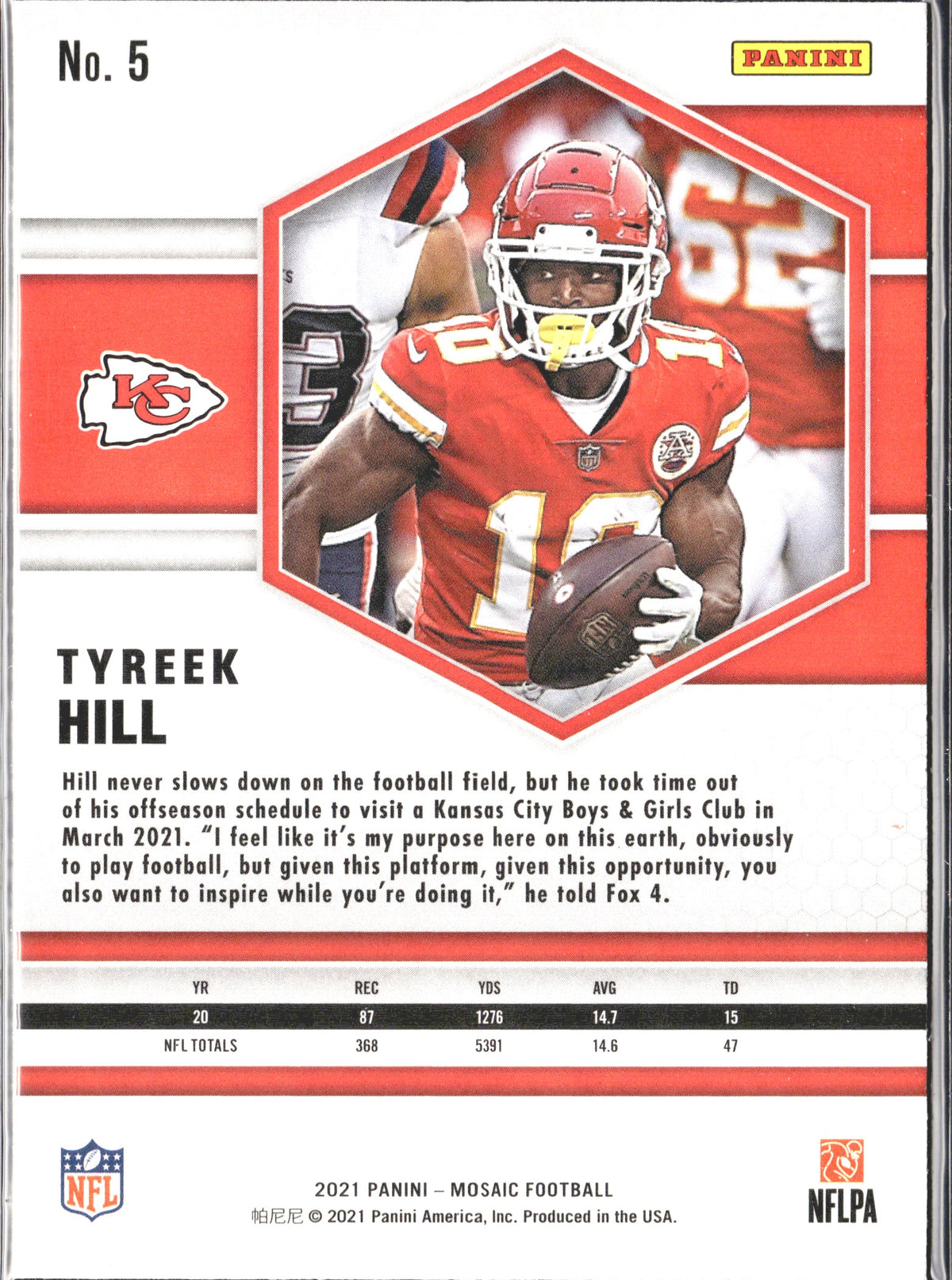 Tyreek Hill #5 2021 Panini Mosaic Kansas City Chiefs