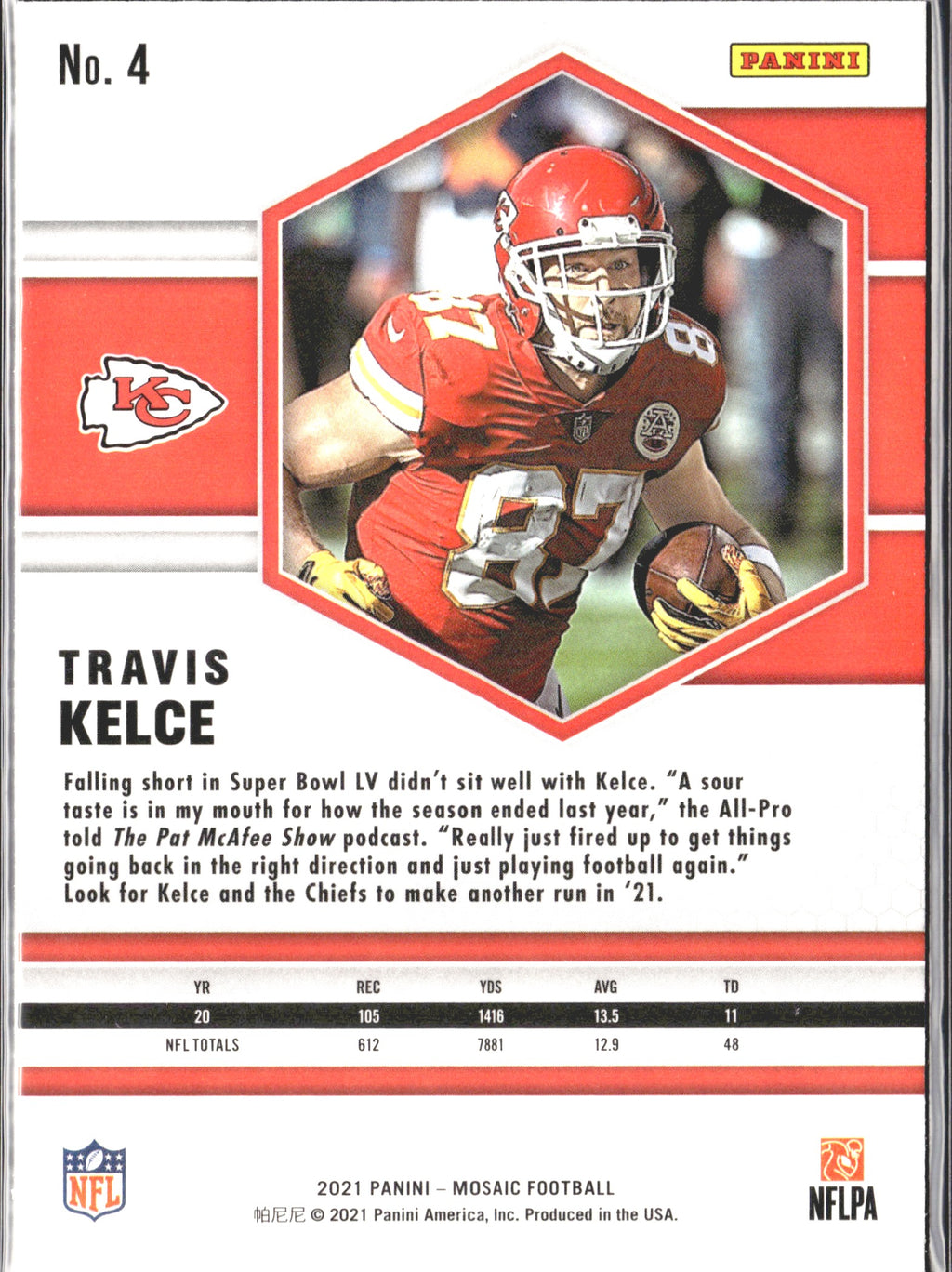 Travis Kelce #4 2021 Panini Mosaic Kansas City Chiefs