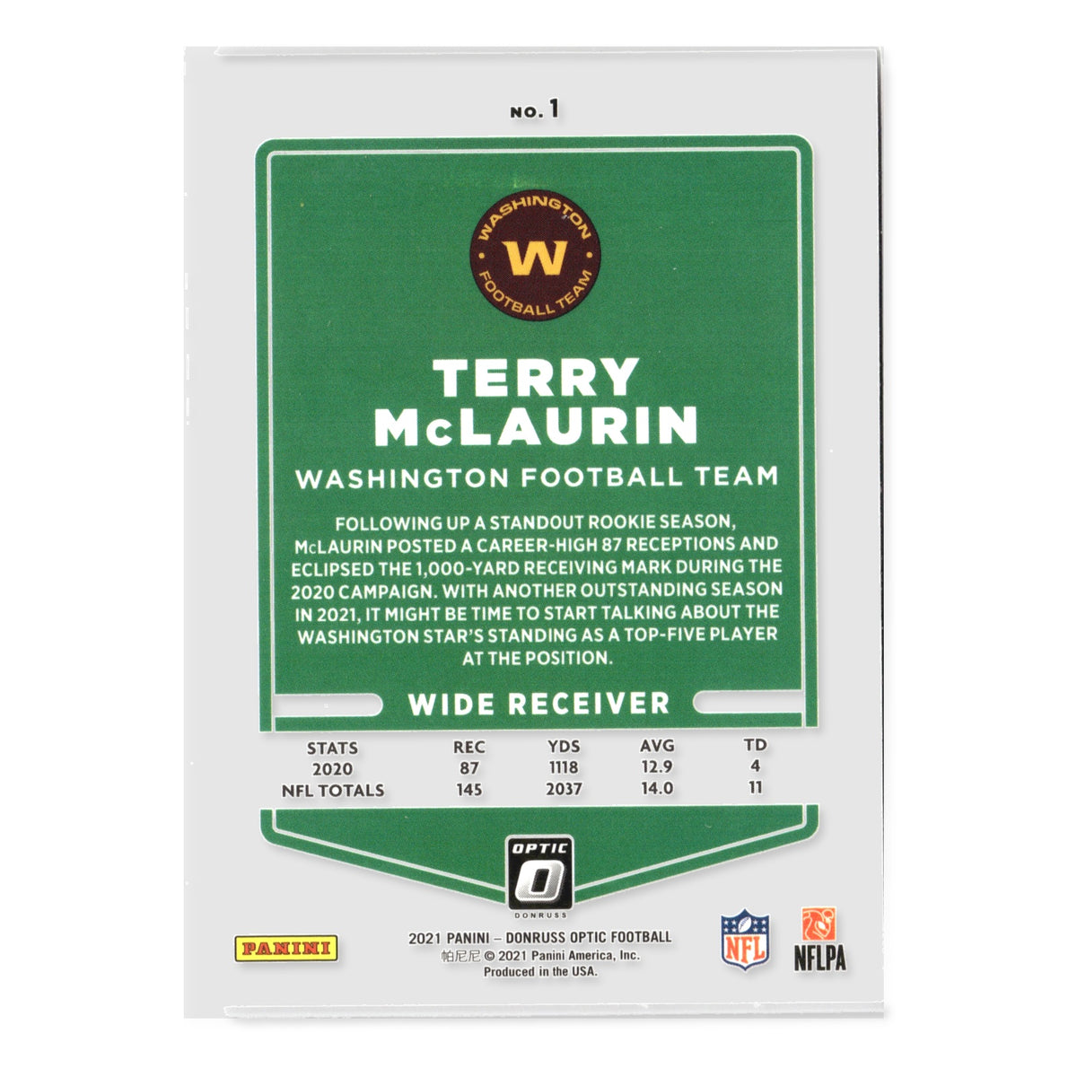 Terry McLaurin #1 2021 Donruss Optic Washington Football Team