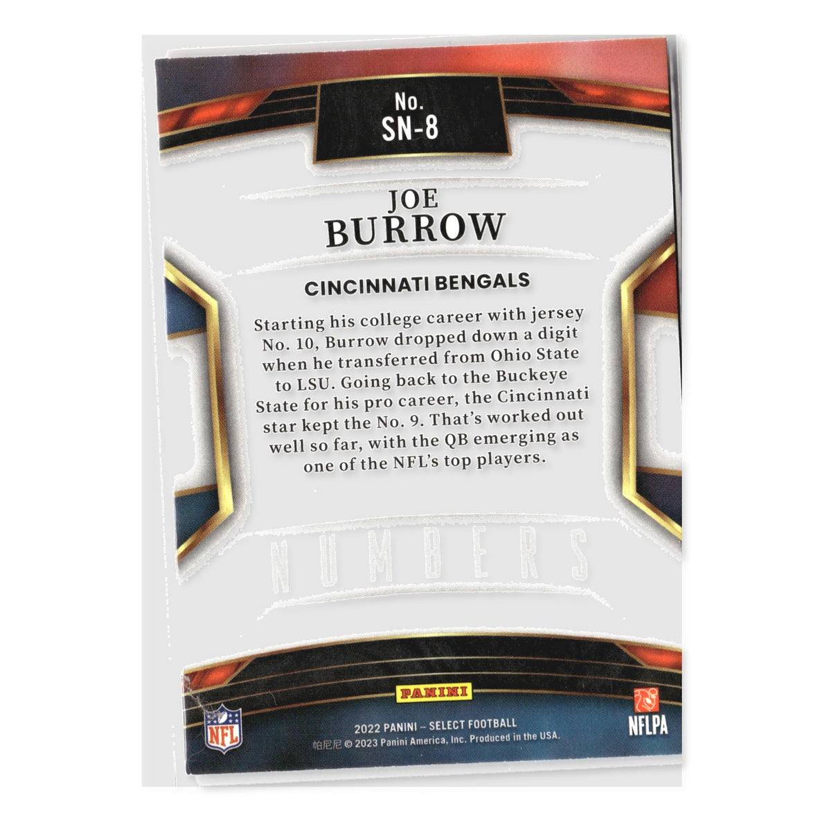 Joe Burrow #SN-8 Select Numbers 2022 Panini Select Cincinnati Bengals