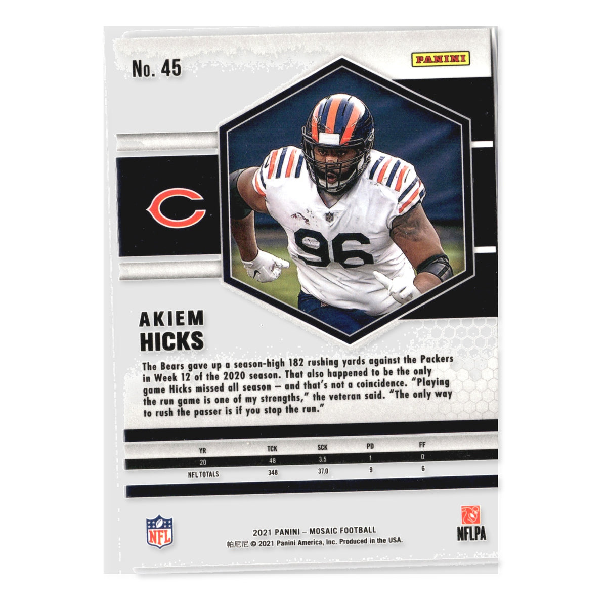 Akiem Hicks #45 2021 Panini Mosaic Chicago Bears