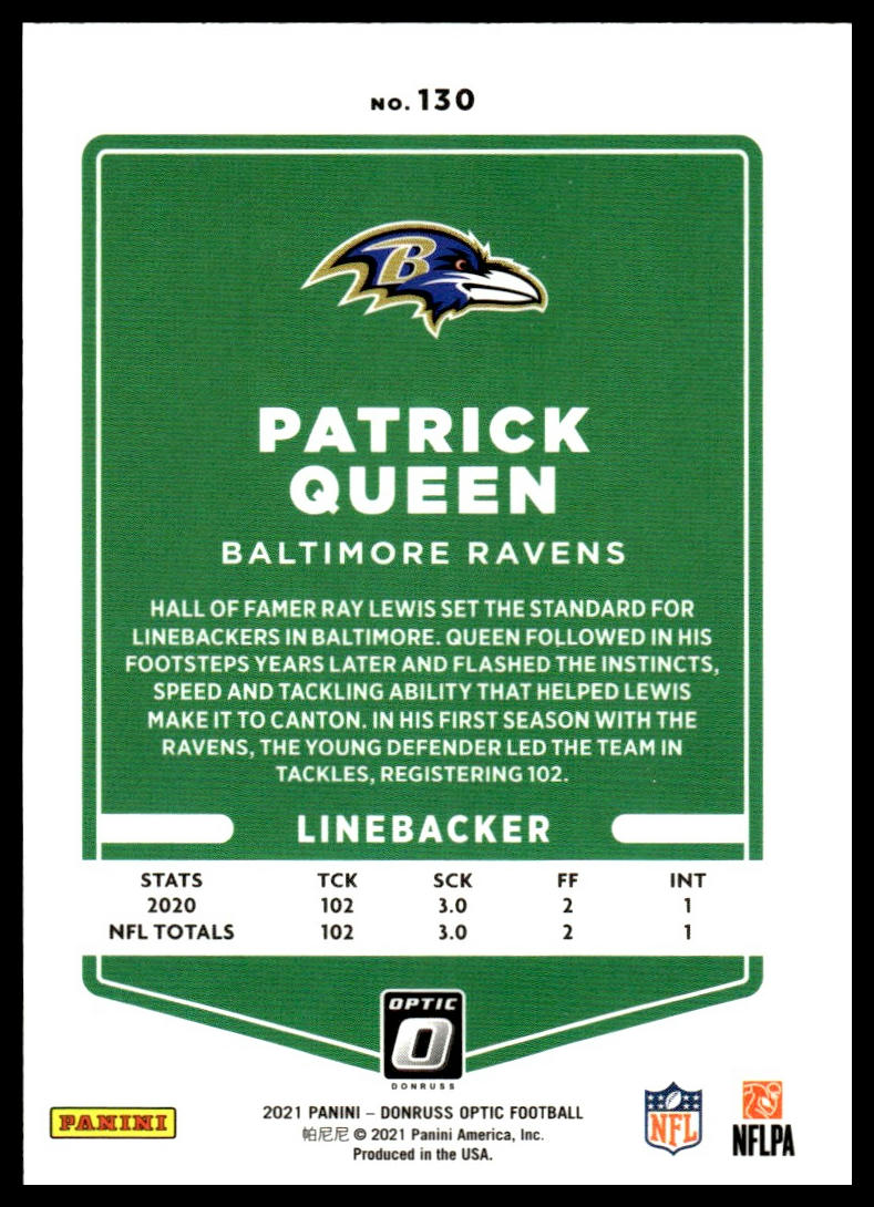 Patrick Queen #130 2021 Donruss Optic Baltimore Ravens