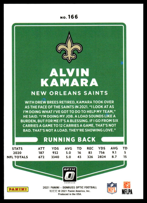 Alvin Kamara #166 2021 Donruss Optic New Orleans Saints