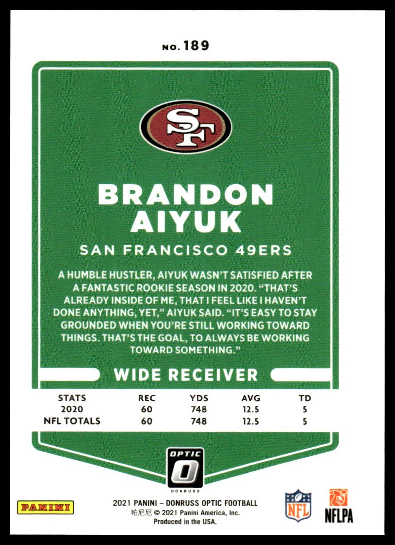 Brandon Aiyuk #189 2021 Donruss Optic San Francisco 49ers