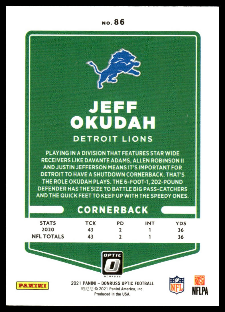 Jeff Okudah #86 2021 Donruss Optic Detroit Lions
